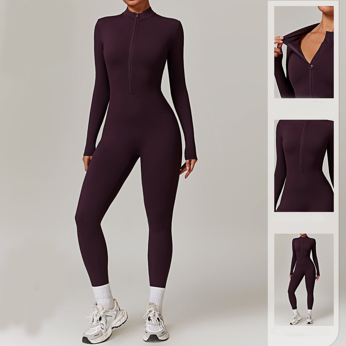 Zipper Long-sleeved Jumpsuit Yoga Fitness Sports Pants Bodysuit Women
