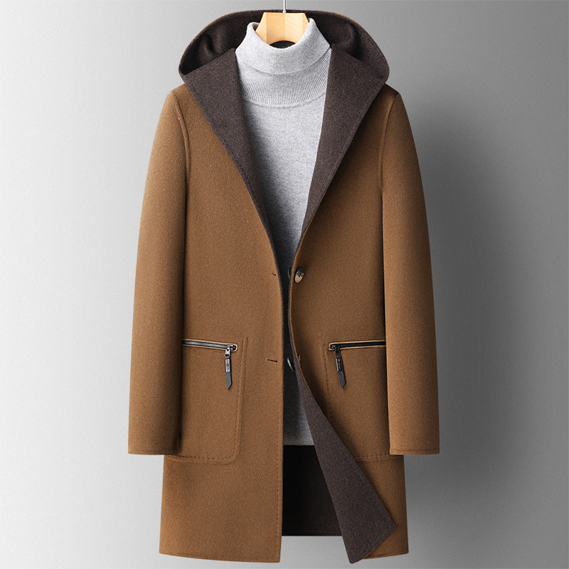 Fall Winter Hooded Double-sided Wear Wool Overcoat Men'