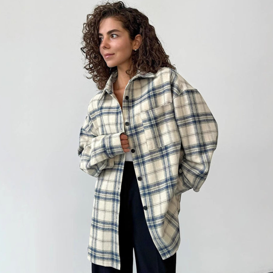 Lapel Loose Plaid Long Sleeve Shirt