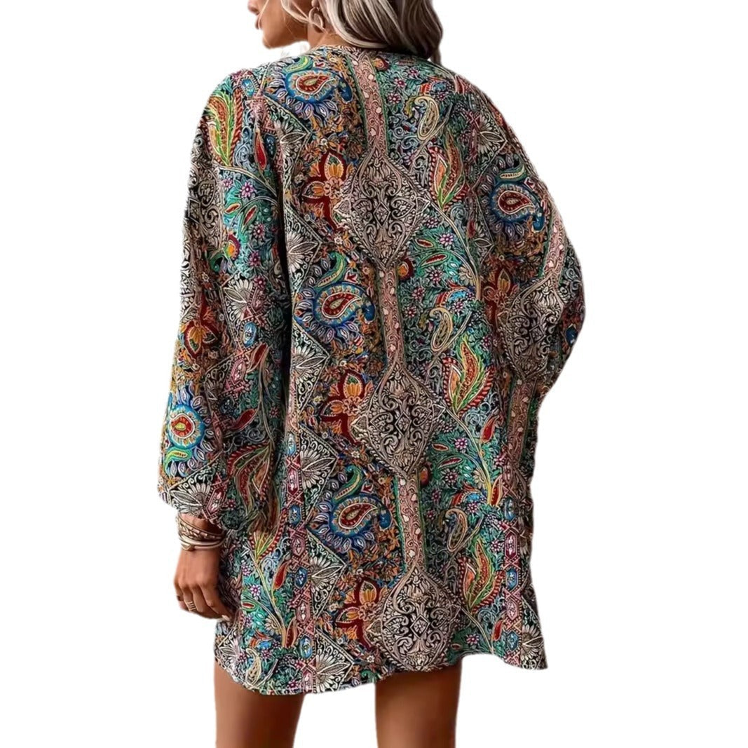 Ethnic Print Round Neck Shirt Bohemian Holiday Long Sleeve Shirt