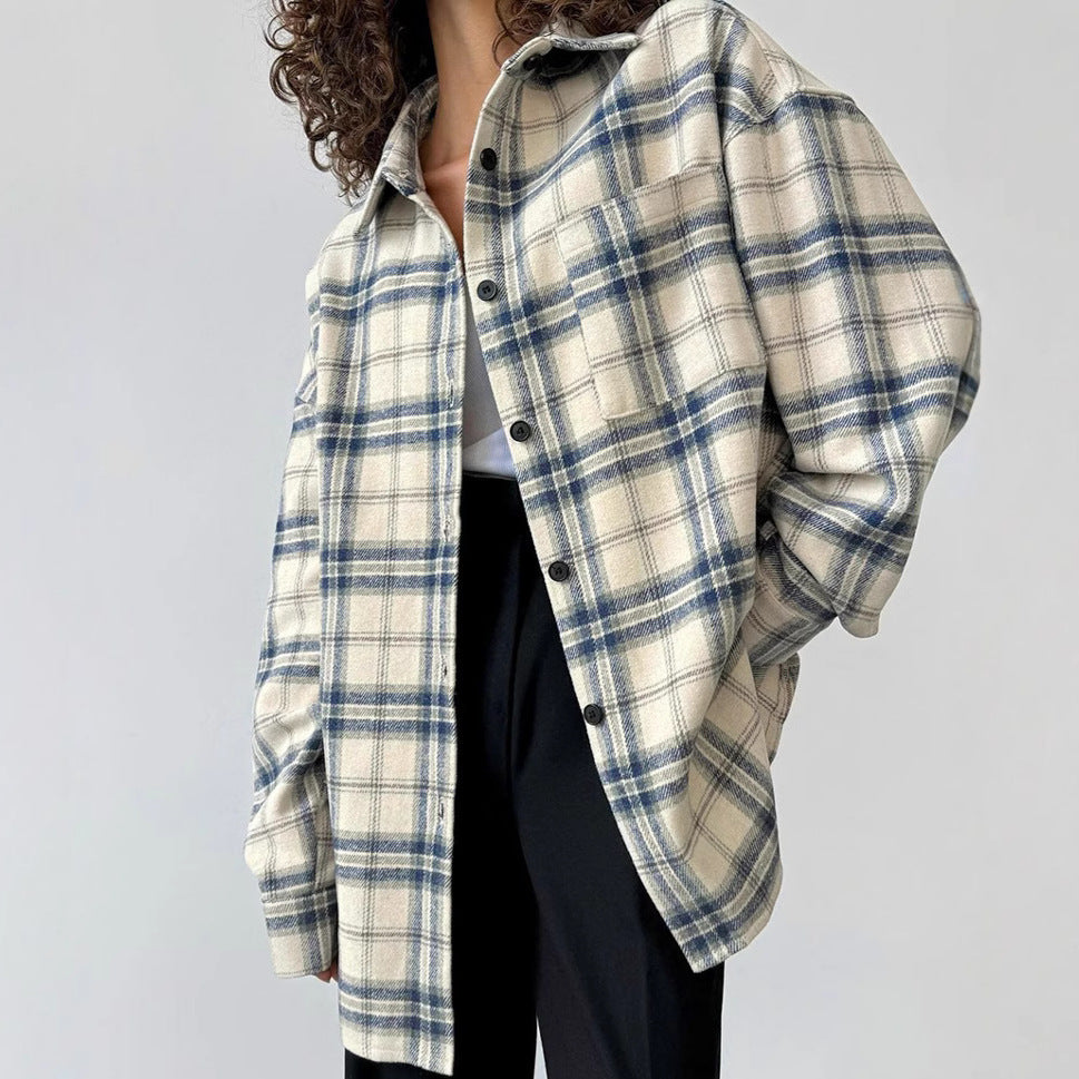 Lapel Loose Plaid Long Sleeve Shirt