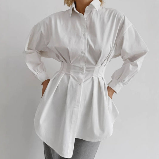 Cinched Pleated Lapel Long Sleeve Shirt