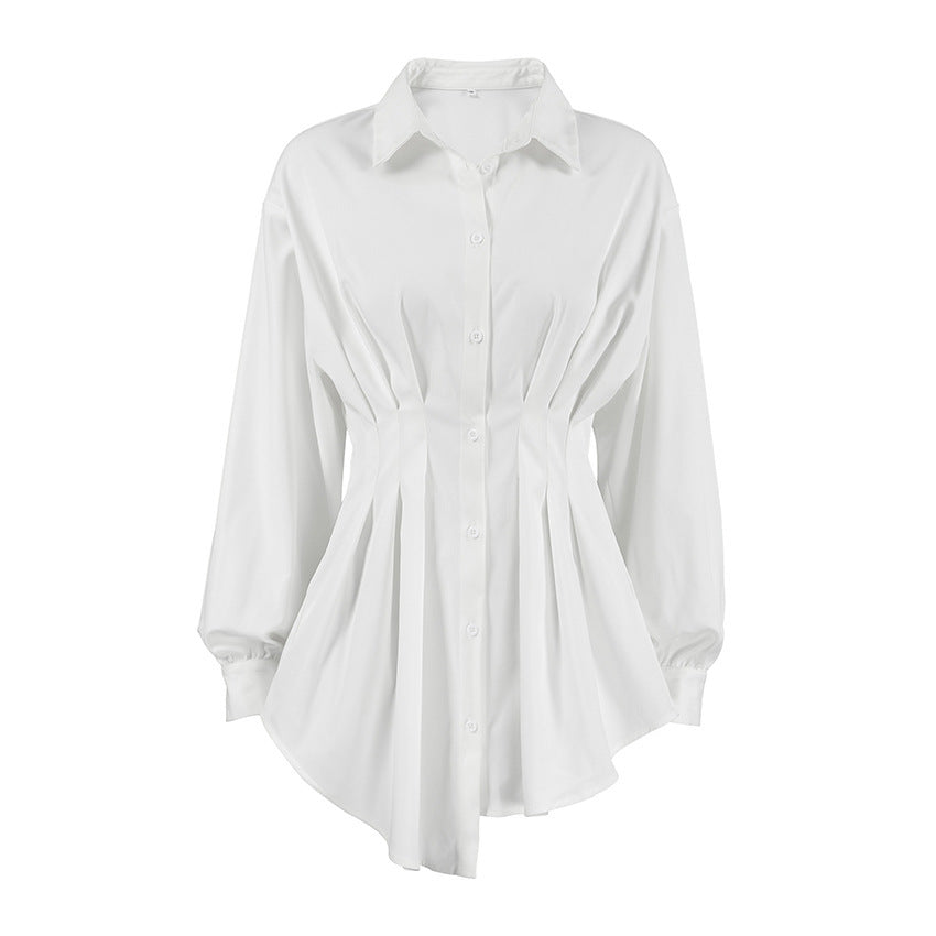 Cinched Pleated Lapel Long Sleeve Shirt