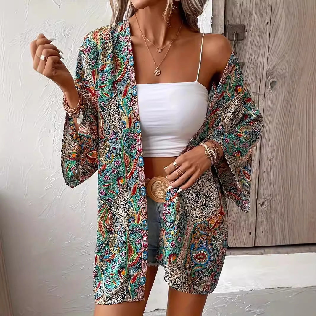 Ethnic Print Round Neck Shirt Bohemian Holiday Long Sleeve Shirt