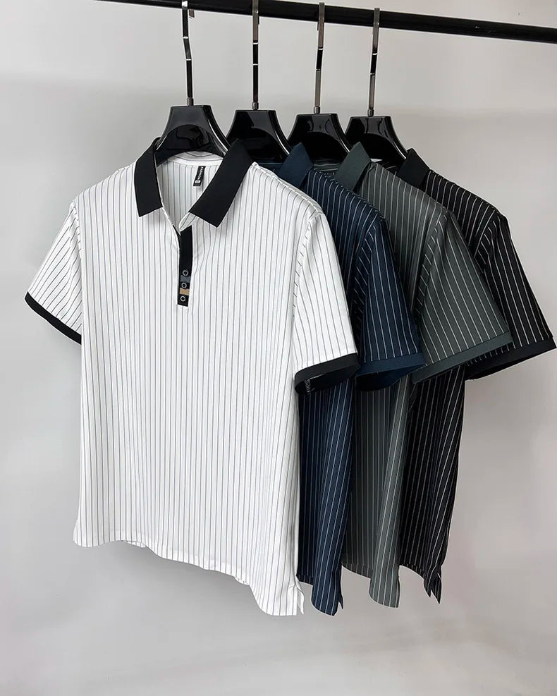 High end brand ice silk vertical stripe short sleeve POLO shirt men summer fashion business leisure