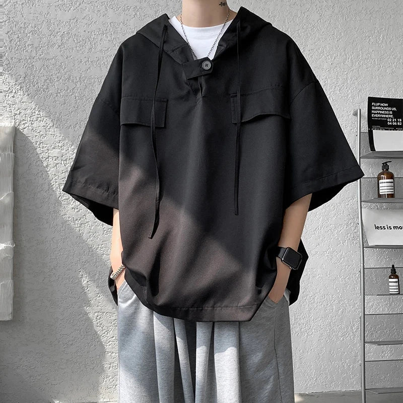 shirt Men Korean Half Sleeve Pullover Streetwear Loose