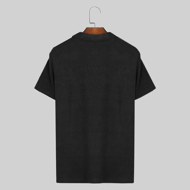 Shirts Solid Color Lapel Short Sleeve Knitted Streetwear Men Clothing Summer 2024 Fashion Casual Tee Tops