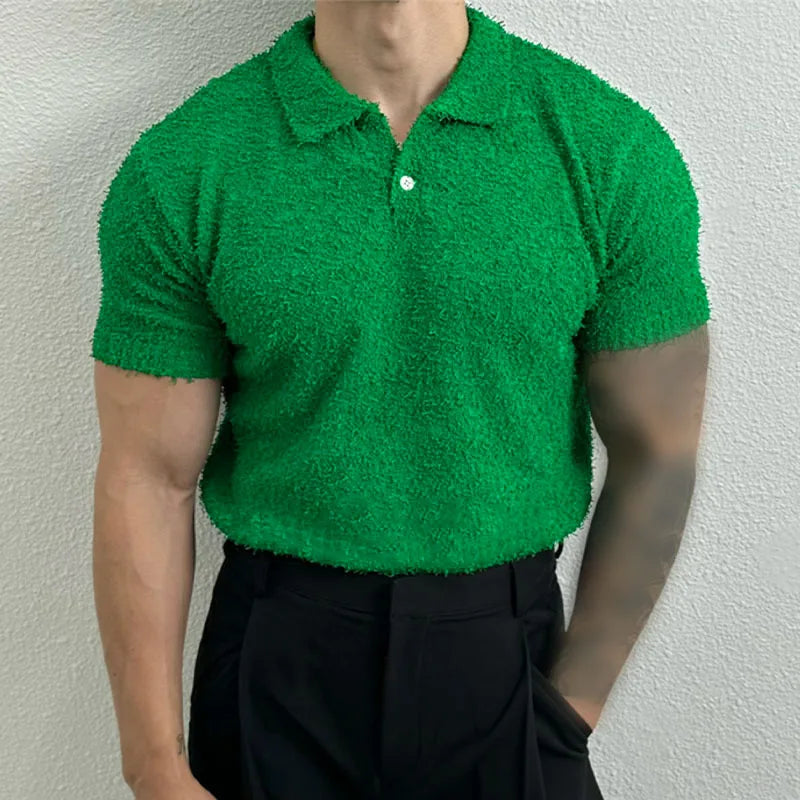 Shirts Solid Color Lapel Short Sleeve Knitted Streetwear Men Clothing Summer 2024 Fashion Casual Tee Tops