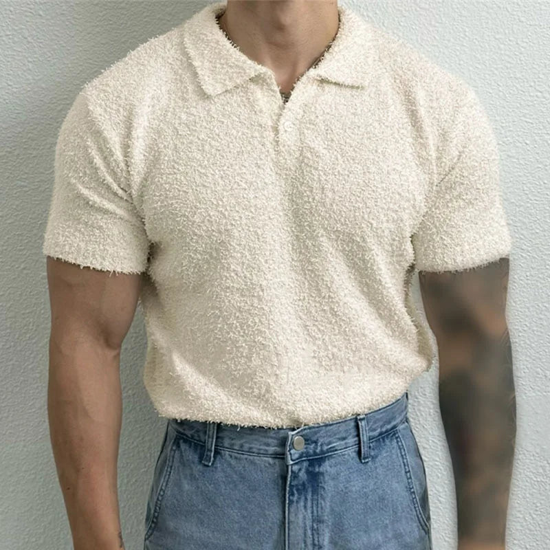 Shirts Solid Color Lapel Short Sleeve Knitted Streetwear Men Clothing Summer 2024 Fashion Casual Tee Tops