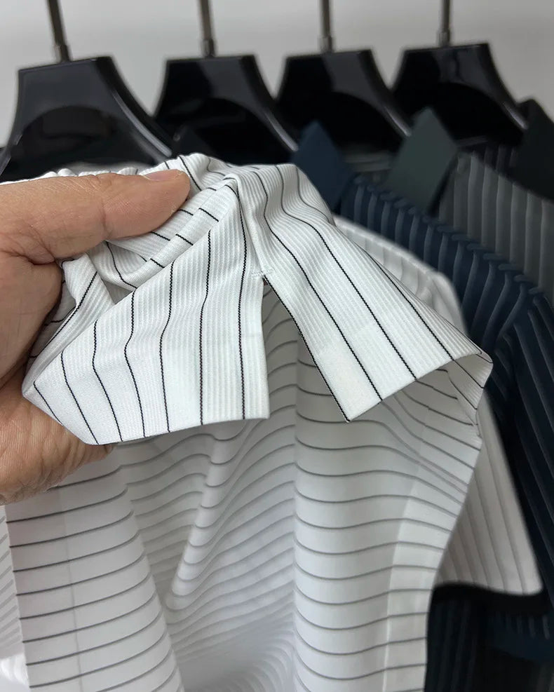 High end brand ice silk vertical stripe short sleeve POLO shirt men summer fashion business leisure