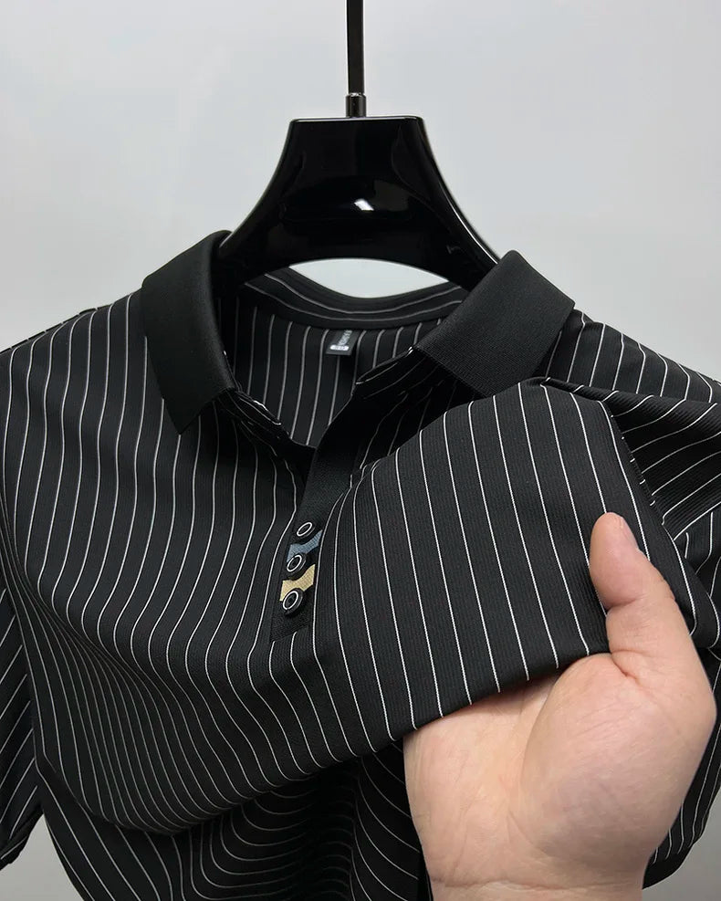 High end brand ice silk vertical stripe short sleeve POLO shirt men summer fashion business leisure