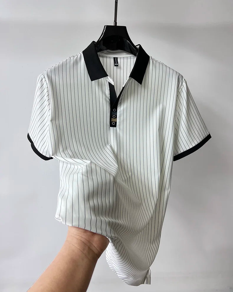 High end brand ice silk vertical stripe short sleeve POLO shirt men summer fashion business leisure
