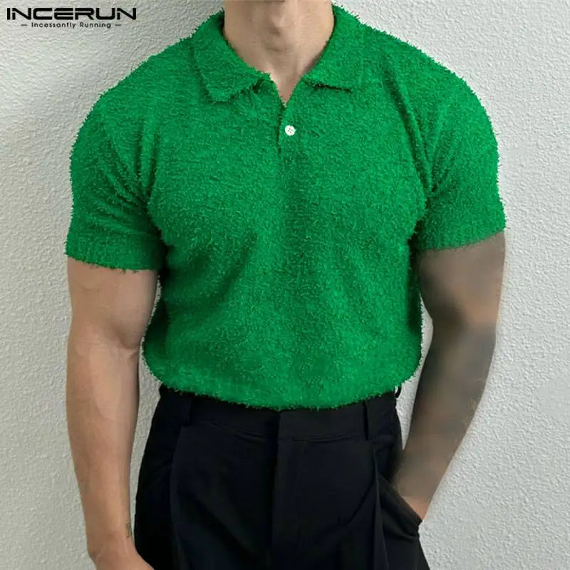Shirts Solid Color Lapel Short Sleeve Knitted Streetwear Men Clothing Summer 2024 Fashion Casual Tee Tops