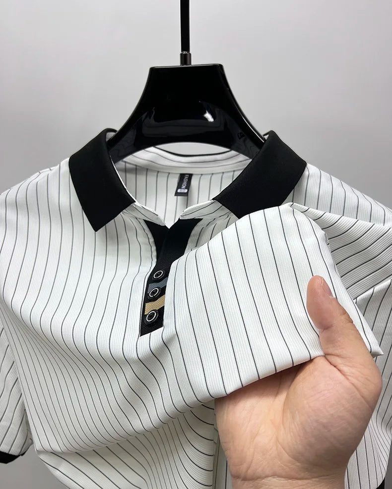 High end brand ice silk vertical stripe short sleeve POLO shirt men summer fashion business leisure