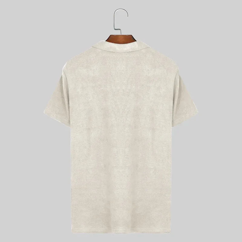 Shirts Solid Color Lapel Short Sleeve Knitted Streetwear Men Clothing Summer 2024 Fashion Casual Tee Tops