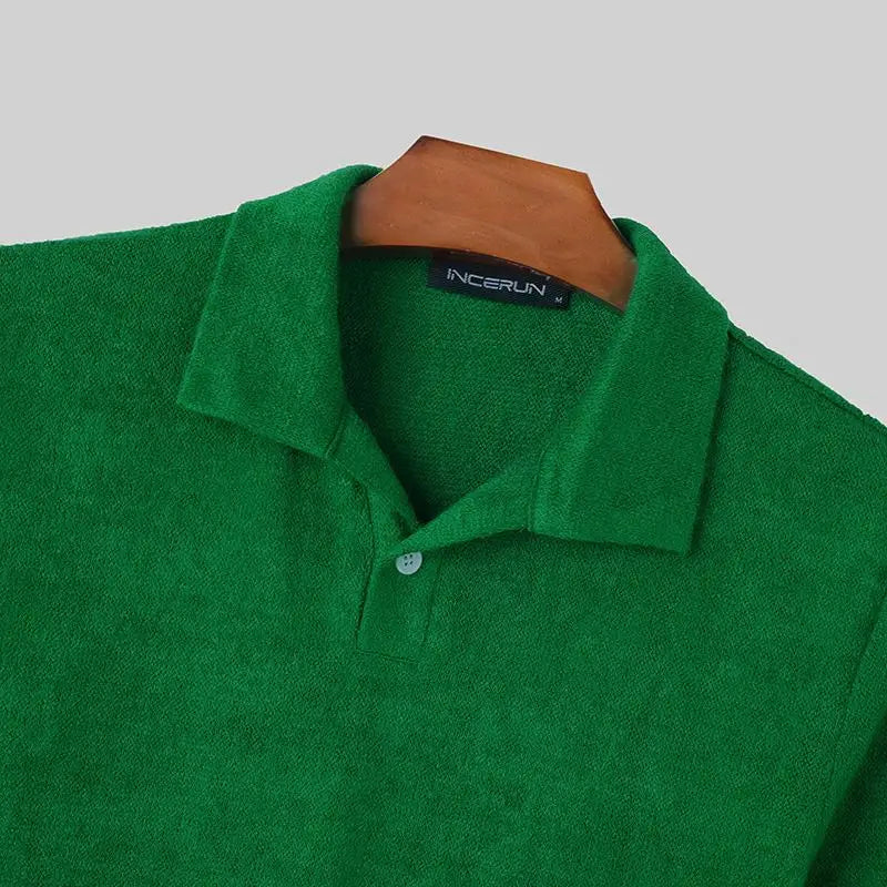 Shirts Solid Color Lapel Short Sleeve Knitted Streetwear Men Clothing Summer 2024 Fashion Casual Tee Tops