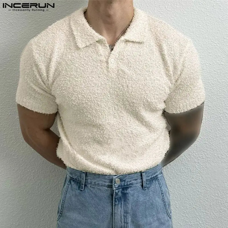 Shirts Solid Color Lapel Short Sleeve Knitted Streetwear Men Clothing Summer 2024 Fashion Casual Tee Tops