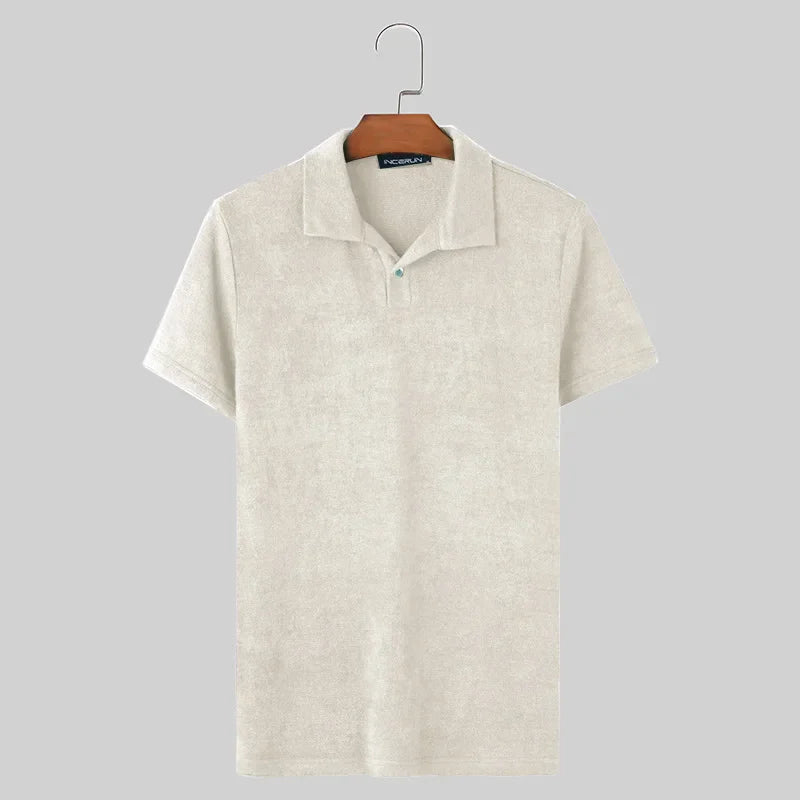 Shirts Solid Color Lapel Short Sleeve Knitted Streetwear Men Clothing Summer 2024 Fashion Casual Tee Tops