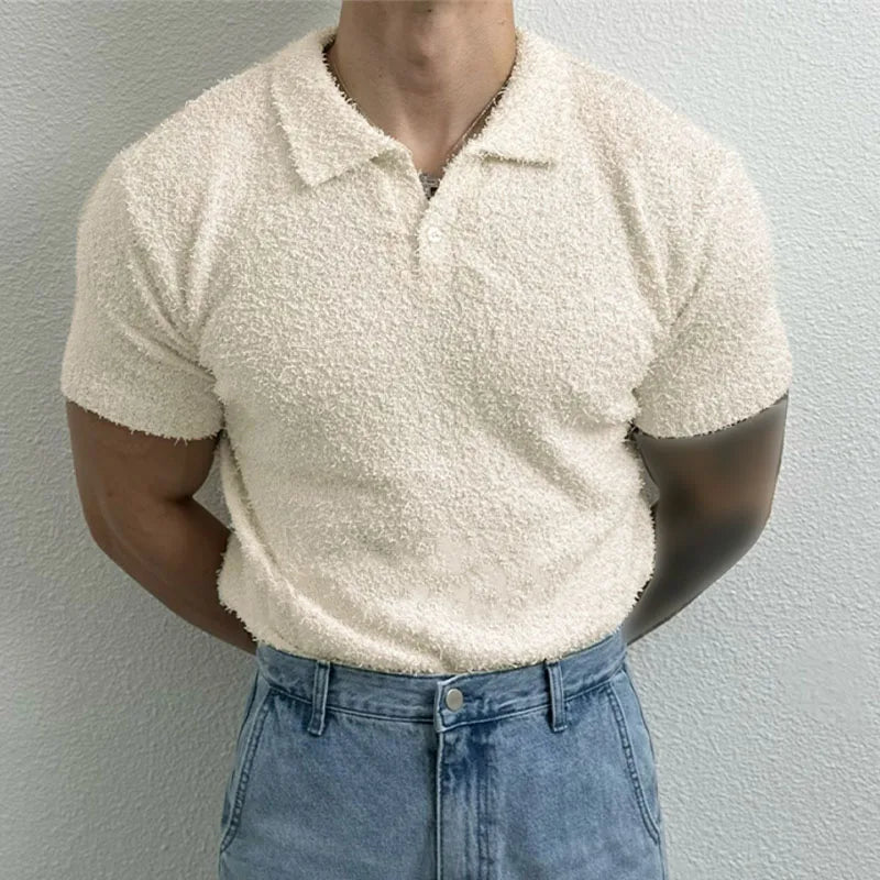 Shirts Solid Color Lapel Short Sleeve Knitted Streetwear Men Clothing Summer 2024 Fashion Casual Tee Tops