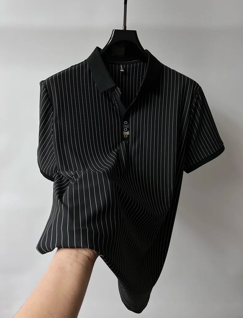 High end brand ice silk vertical stripe short sleeve POLO shirt men summer fashion business leisure