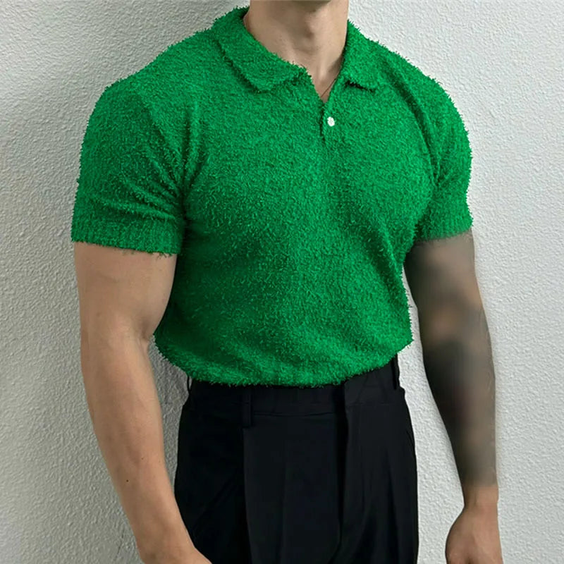 Shirts Solid Color Lapel Short Sleeve Knitted Streetwear Men Clothing Summer 2024 Fashion Casual Tee Tops