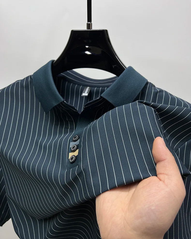 High end brand ice silk vertical stripe short sleeve POLO shirt men summer fashion business leisure