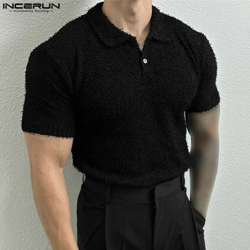 Shirts Solid Color Lapel Short Sleeve Knitted Streetwear Men Clothing Summer 2024 Fashion Casual Tee Tops