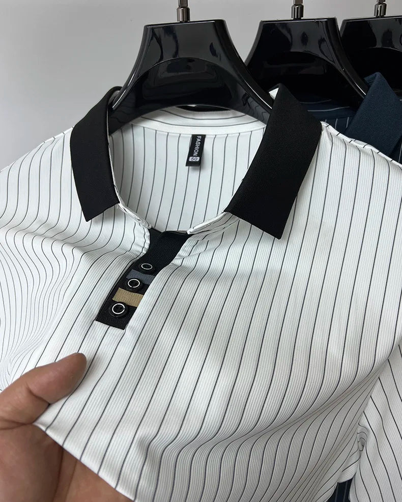 High end brand ice silk vertical stripe short sleeve POLO shirt men summer fashion business leisure