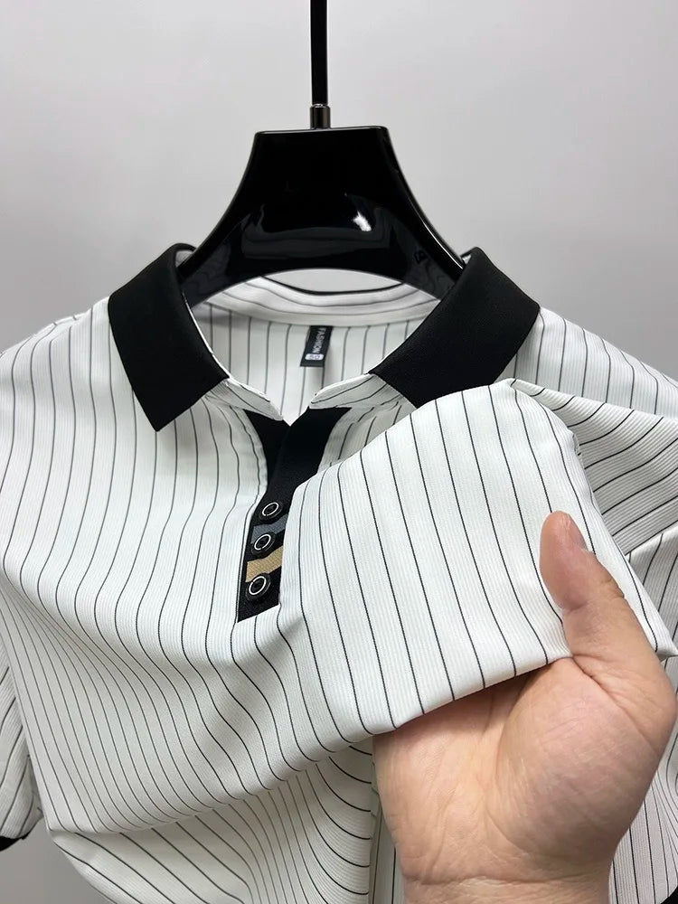 High end brand ice silk vertical stripe short sleeve POLO shirt men summer fashion business leisure