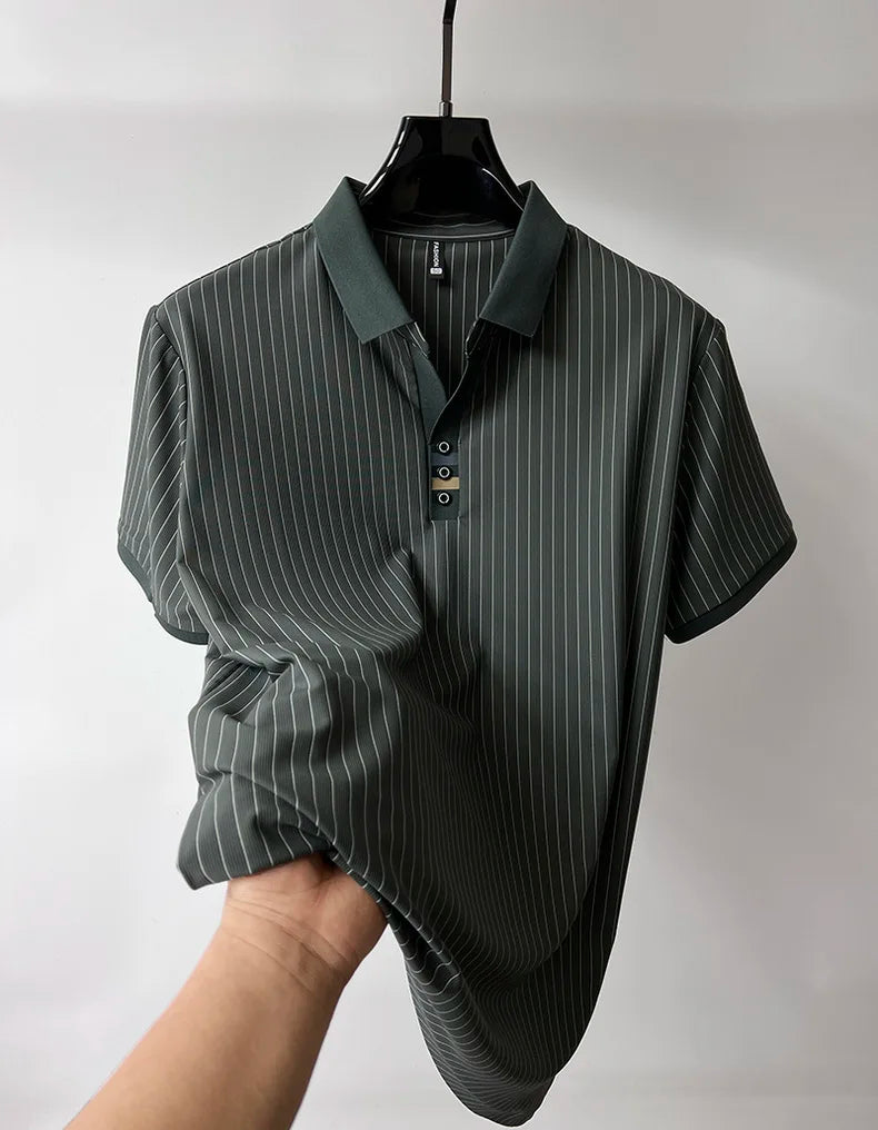 High end brand ice silk vertical stripe short sleeve POLO shirt men summer fashion business leisure
