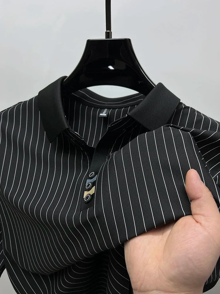 High end brand ice silk vertical stripe short sleeve POLO shirt men summer fashion business leisure