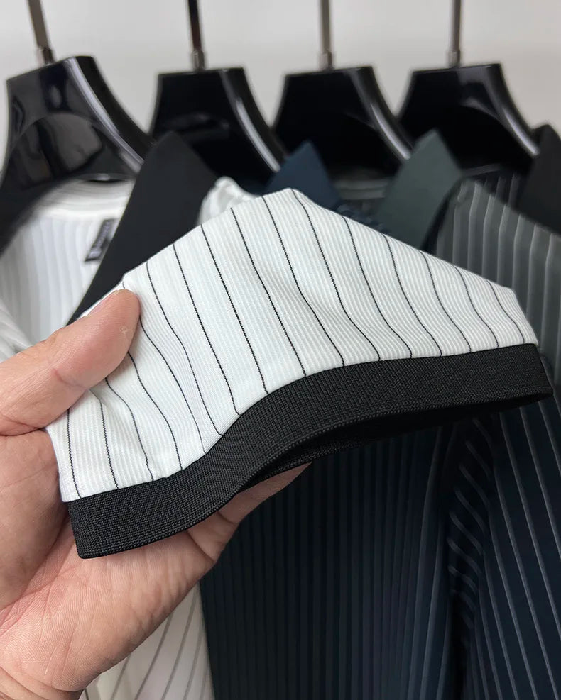 High end brand ice silk vertical stripe short sleeve POLO shirt men summer fashion business leisure