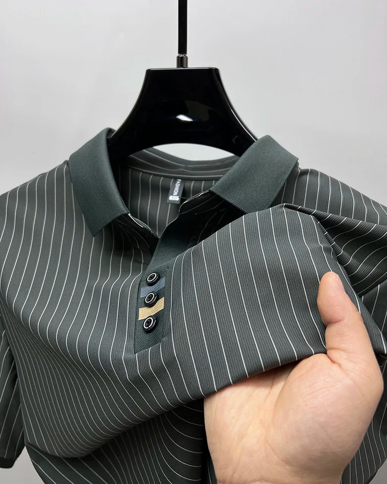 High end brand ice silk vertical stripe short sleeve POLO shirt men summer fashion business leisure