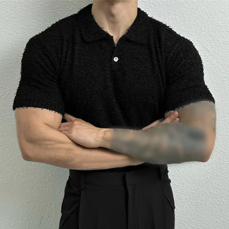 Shirts Solid Color Lapel Short Sleeve Knitted Streetwear Men Clothing Summer 2024 Fashion Casual Tee Tops