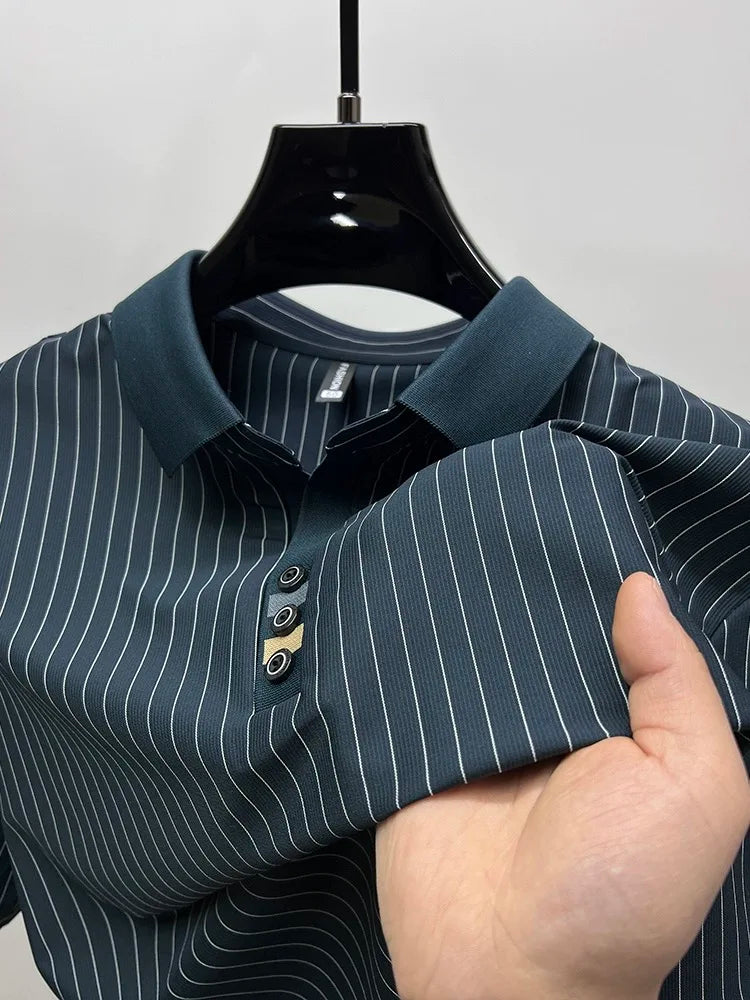 High end brand ice silk vertical stripe short sleeve POLO shirt men summer fashion business leisure