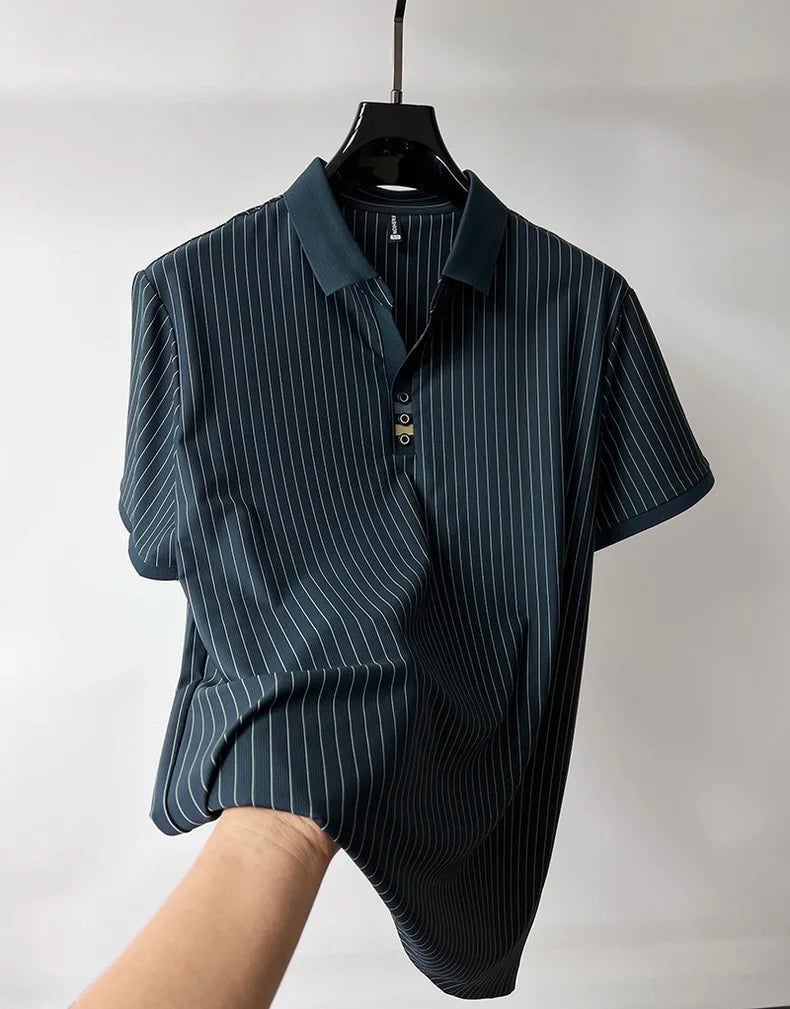 High end brand ice silk vertical stripe short sleeve POLO shirt men summer fashion business leisure