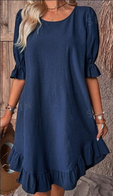 Solid Ruffle Hem Flounce Sleeve Dress