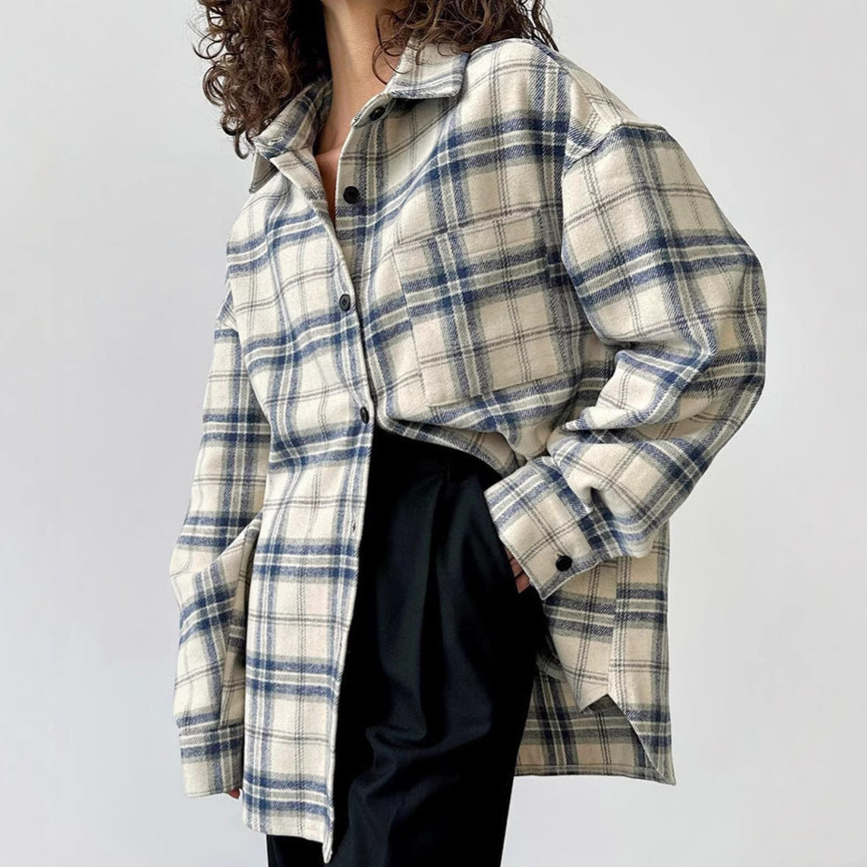 Lapel Loose Plaid Long Sleeve Shirt