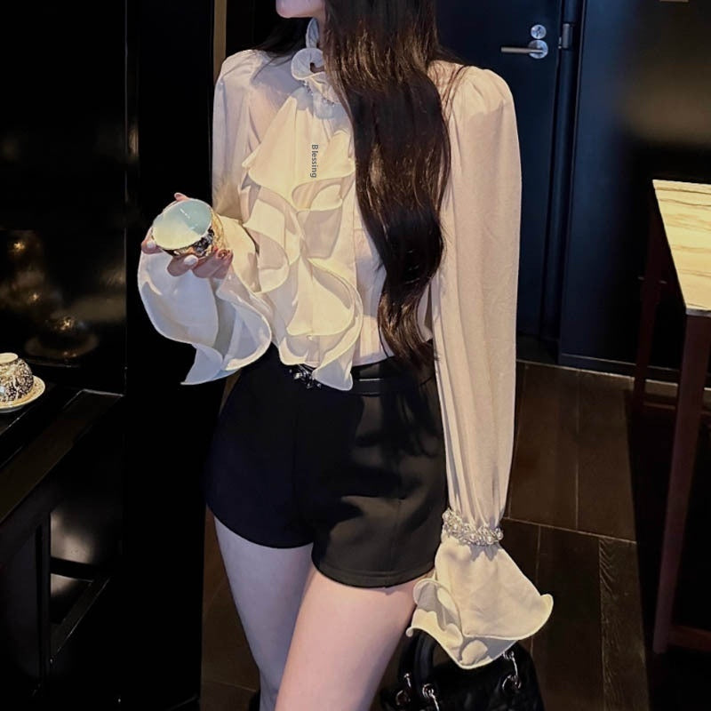 Exquisite Rhinestone White Shirt High-grade Chiffon Ruffle Top