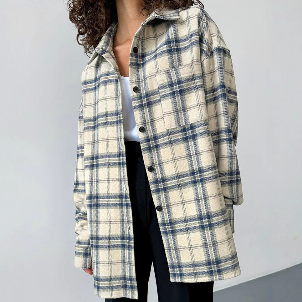 Lapel Loose Plaid Long Sleeve Shirt