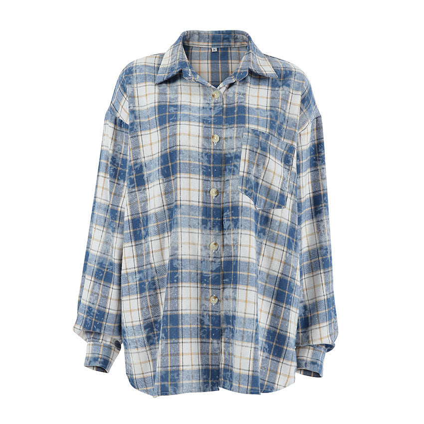 Loose Classic Long-sleeved Plaid Polyester-cotton Pocket Shirt